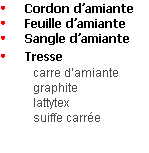 Cordon d’amiante
Feuille d’amiante
Sangle d’amiante
Tresse 
carre d’amiante
graphite
lattytex
suiffe carrée